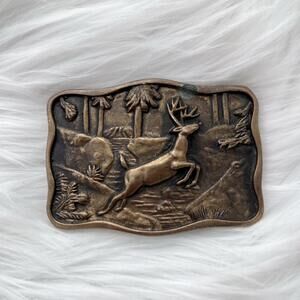 *flaw BTS 1978 Made in USA Solid Brass leaping deer belt buckle 2” x 3”
